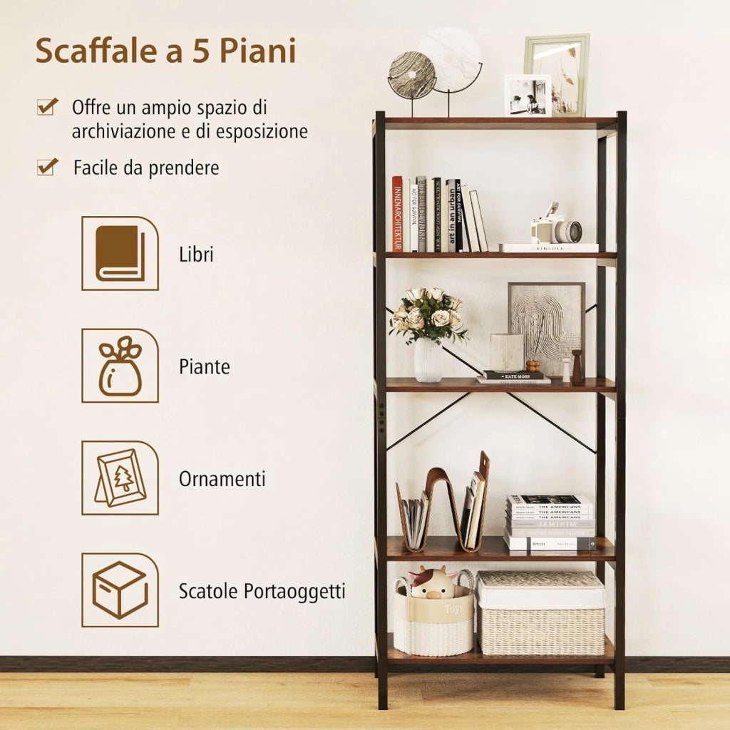 Libreria a 5 Ripiani, Scaffale di Stoccaggio con Struttura in Metallo e Doppio Sistema Anti-Ribaltamento, Scaffale Autoportante per Ufficio Soggiorno Camera da Letto, 66x34x161 cm