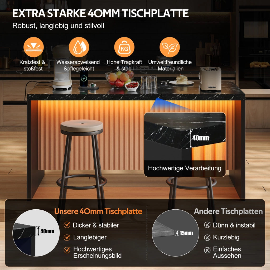 ISOLA CUCINA 155x80x90 cm Effetto marmo nero MDF con LED, prese EU e USB