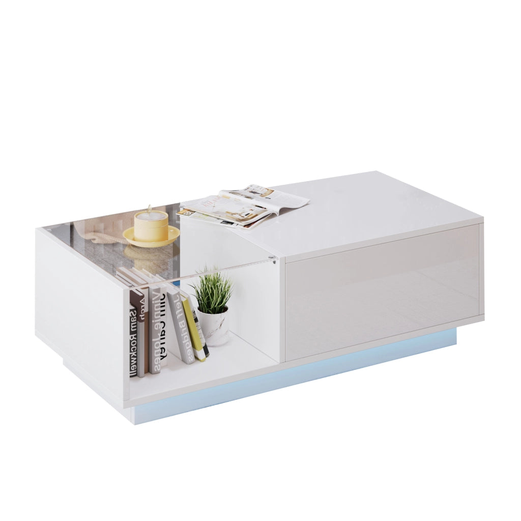 Tavolino da salotto sollevabile con LED smart; 100x50x33 cm; bianco lucido in truciolare