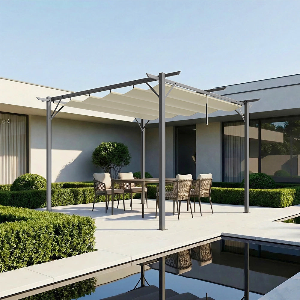 Pergola Gazebo Retrattile da Giardino 3x3 Metri Beige Anti UV e Impermeabile