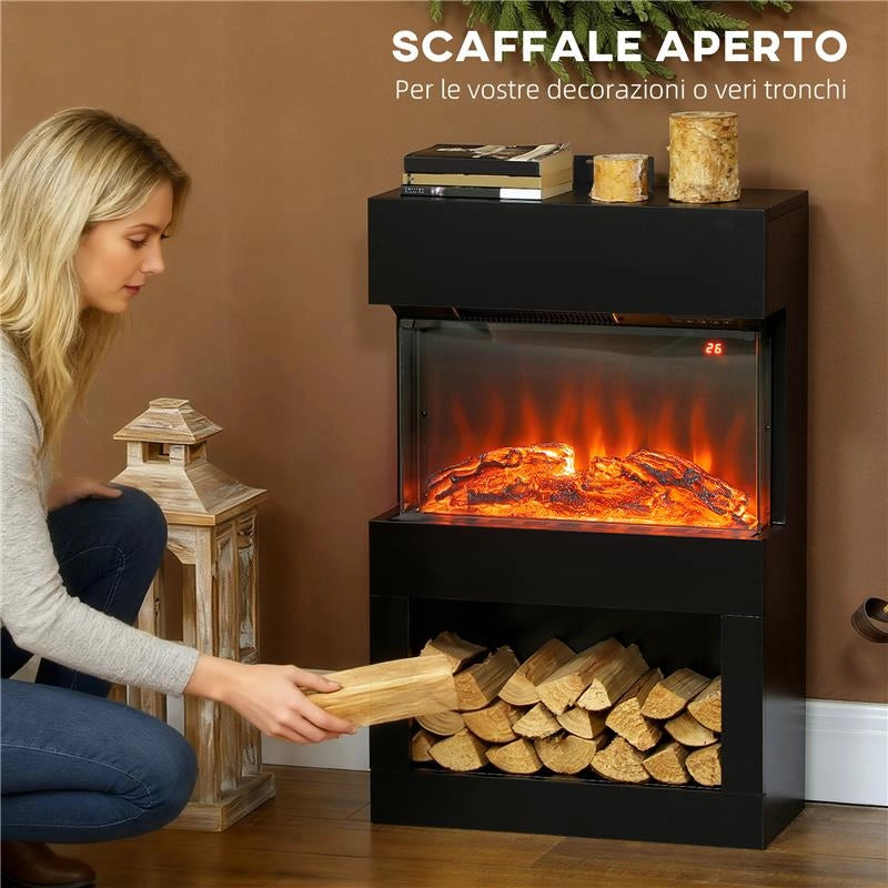 CAMINO ELETTRICO CON EFFETTO FIAMMA 3D COLORATA, 1000W/2000W CON TEMPERATURA REGOLABILE E TELECOMANDO, NERO