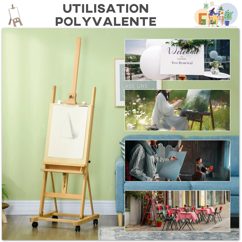 Cavalletto da Pittura Pieghevole in Faggio con Rotelle per Tele 118 cm ¨C zephmum ¨C Legno Naturale