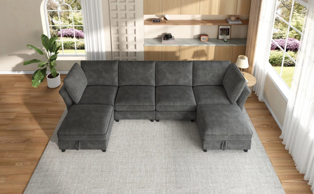 Divano angolare modulare con pouf contenitore e 2 cuscini in ciniglia grigio 6-7 posti per soggiorno 289 × 137 × 84 cm