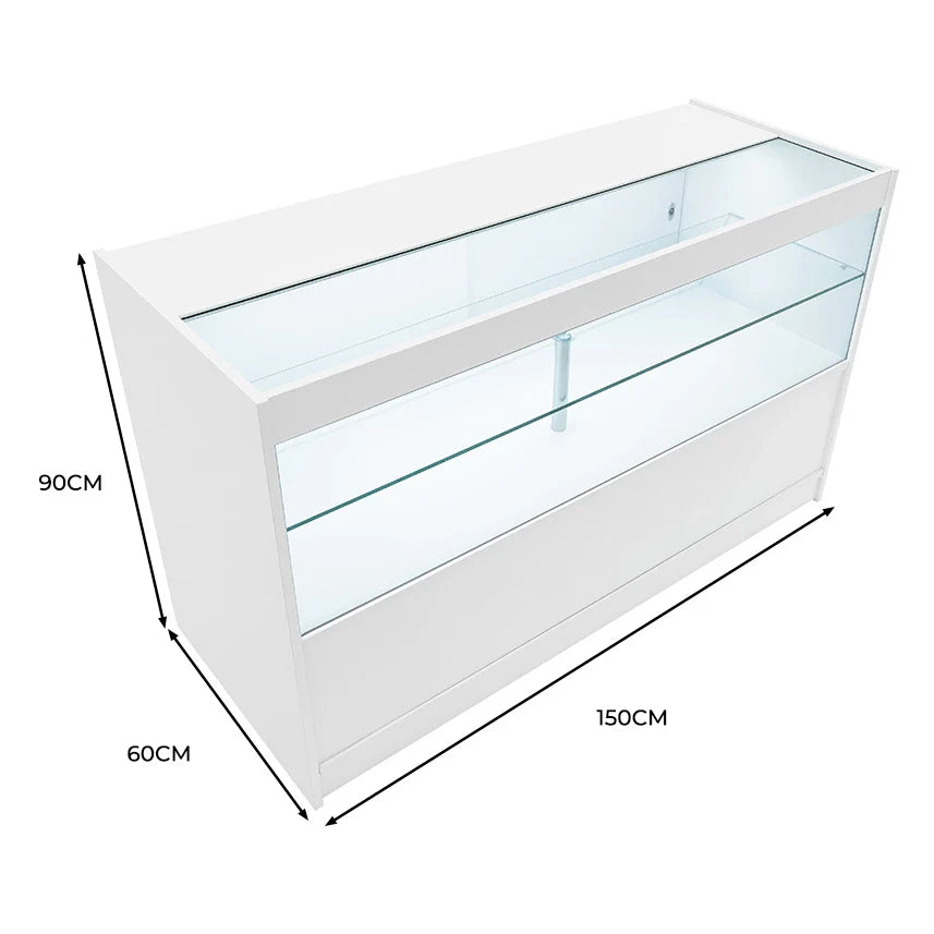 Bancone LED Bianco C1500 con Vetrina, 3 Ripiani e Ante Scorrevoli Bloccabili
