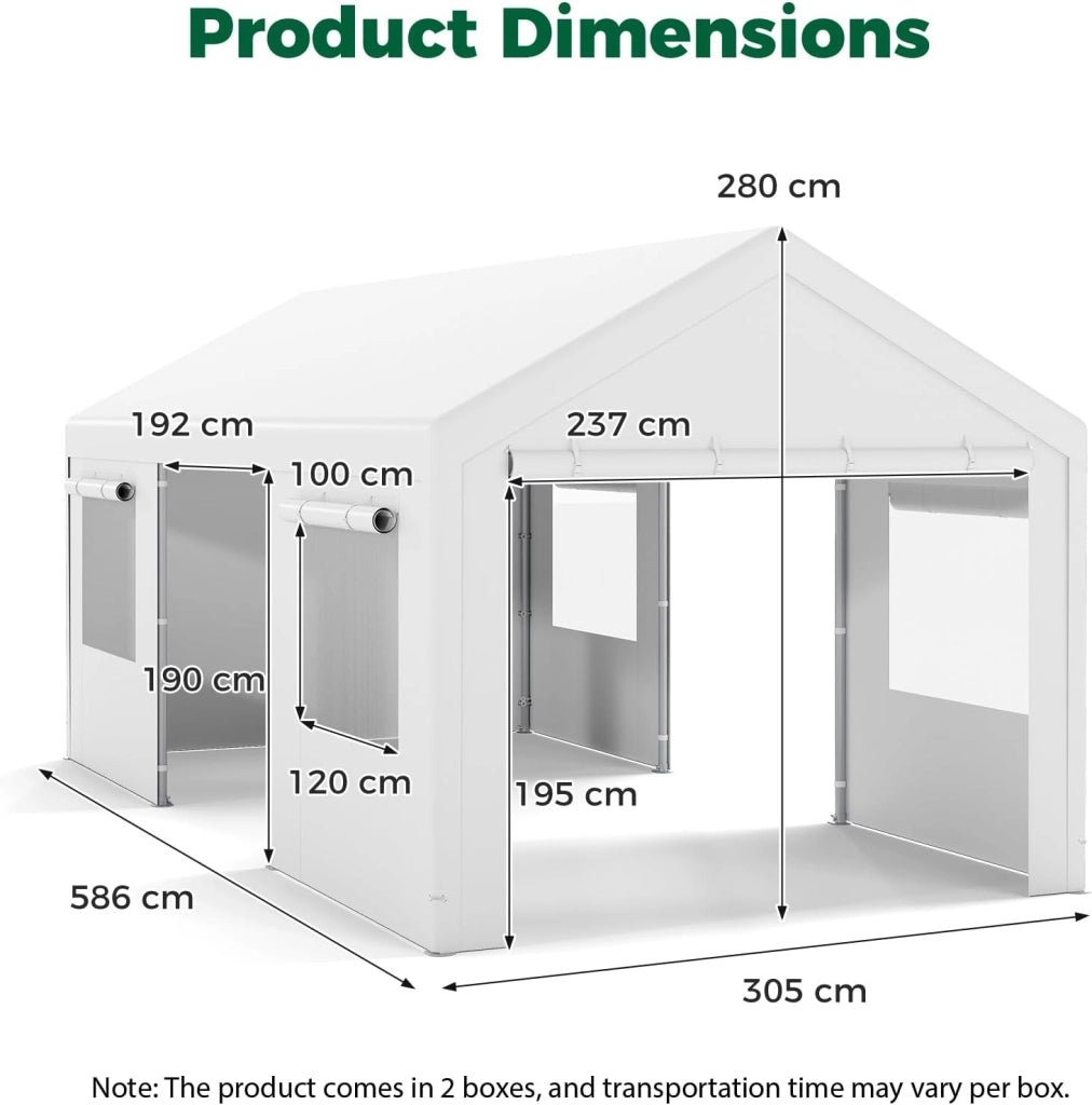 Tenda Garage Auto Esterno, Tettoia per Auto con Telaio in Metallo, Copertura in PE Resistente alle Intemperie, Capanno Giardino per Vehicolo, Bici, Moto, Attrezzi (Bianco, 305 x 586 x 280 cm)