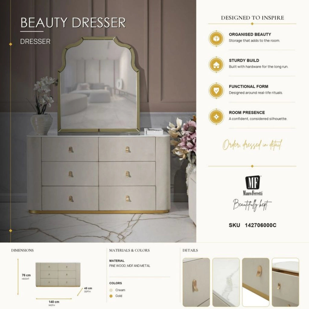 Como' Beauty 6 cassetti in legno crema e metallo dorato