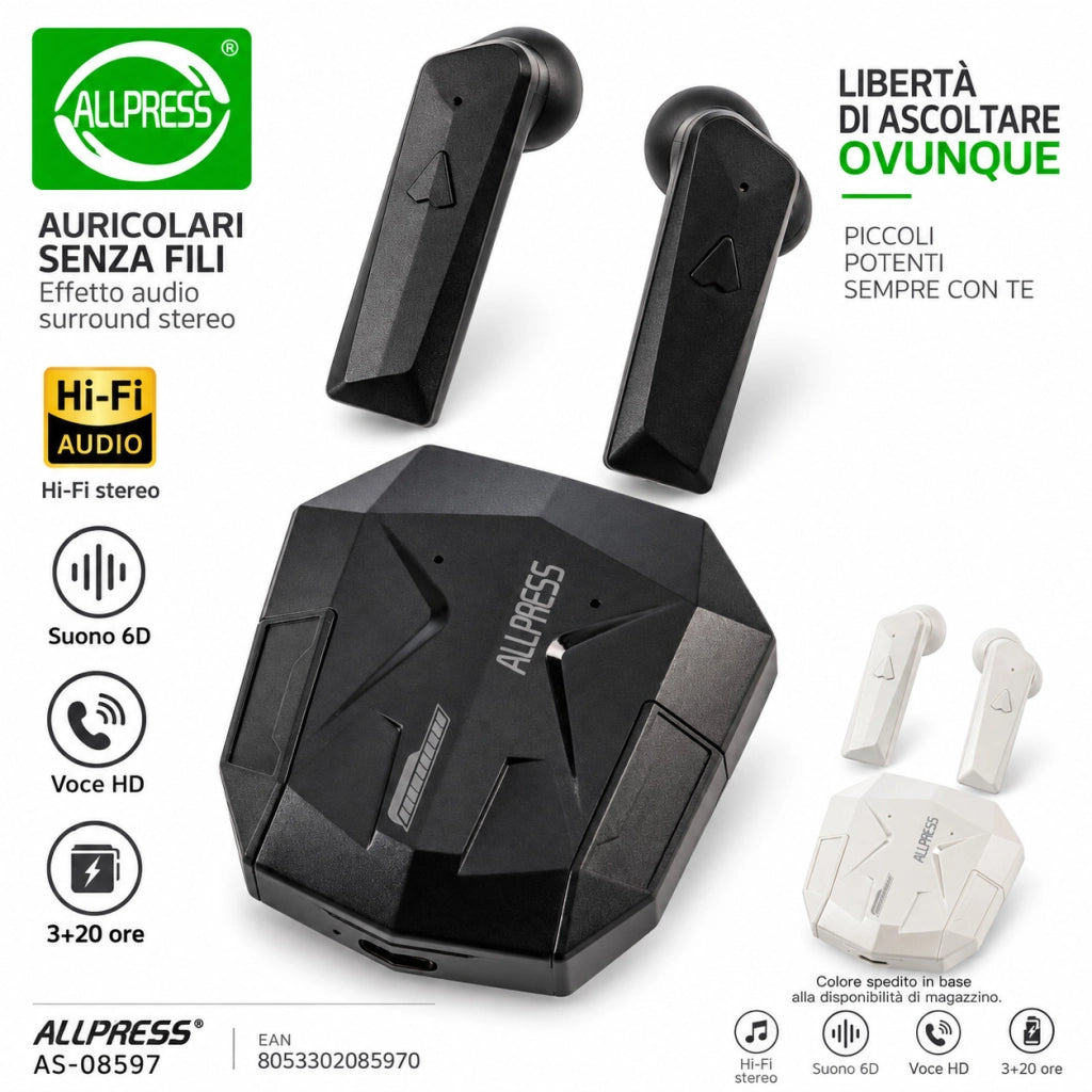 AURICOLARI SENZA FILI HI-FI STEREO 6D CUSTODIA RICARICA USB TWS SPORT AS-08597