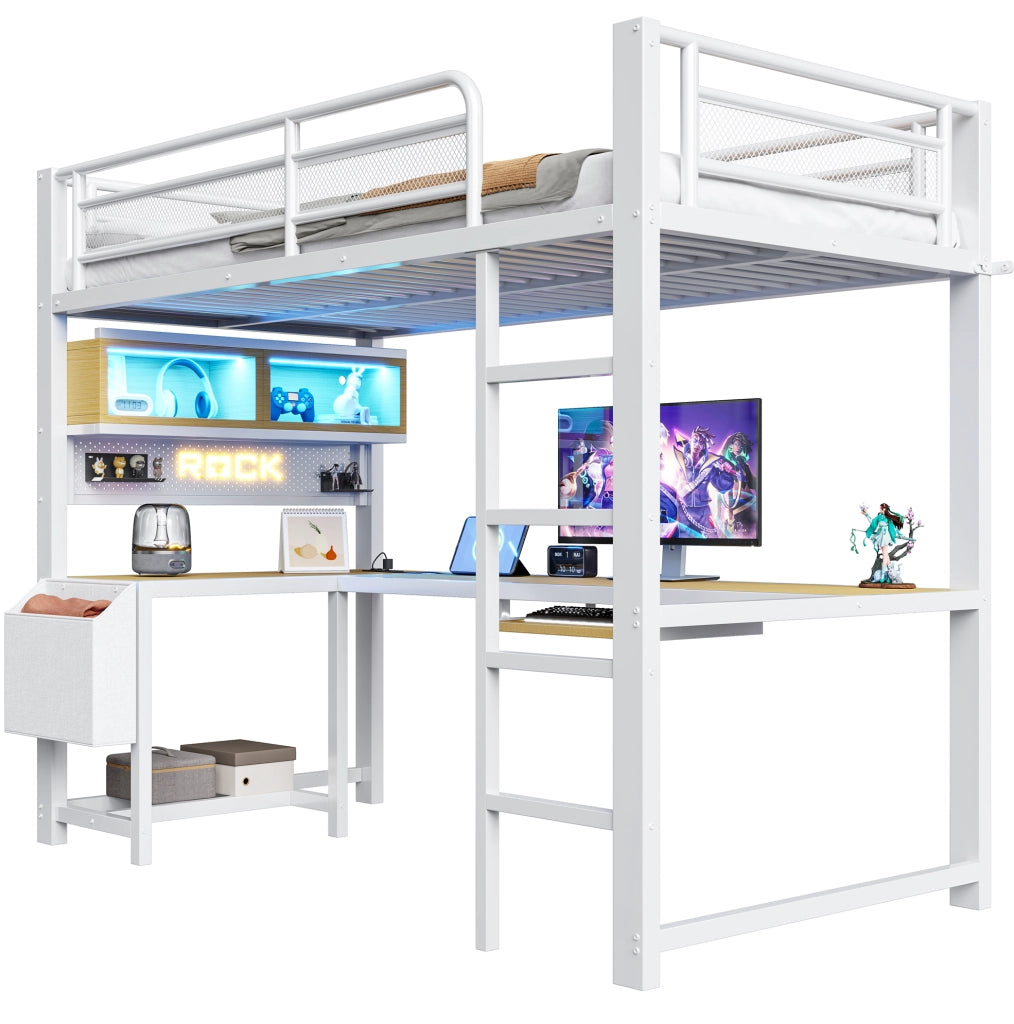 Letto a soppalco 90x200 cm con scrivania; LED e presa di ricarica in MDF e metallo bianco