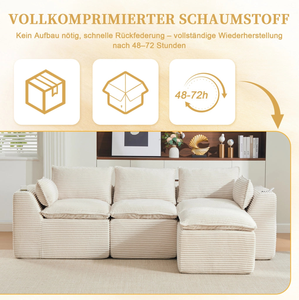 Divano modulare 3 posti in tessuto beige a coste con pouf, cuscini, portabicchieri e tasche laterali