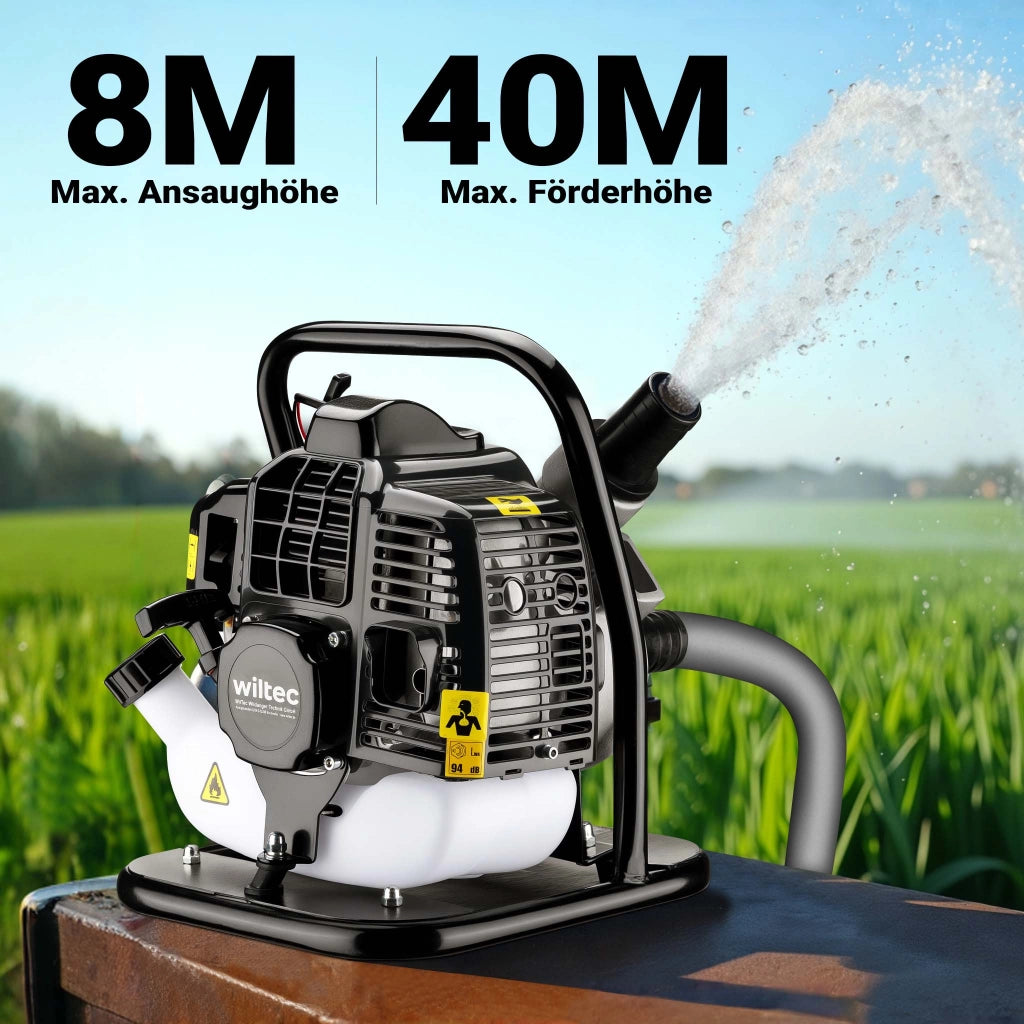 Pompa per acqua a benzina, motore a 2 tempi, 1,4 kW, pompa per giardino con portata 400 l/min, profondità di aspirazione max 8 m, per cantine, cantieri, scavi