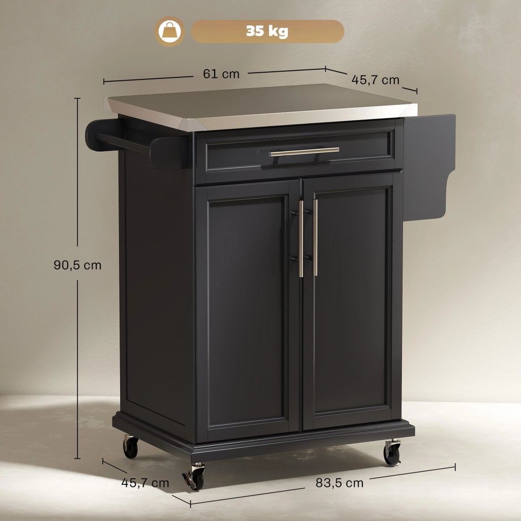 Tavolino da cucina con ruote ¨C zephmum ¨C nero, acciaio inox, 83.5x45.7x90.5 cm
