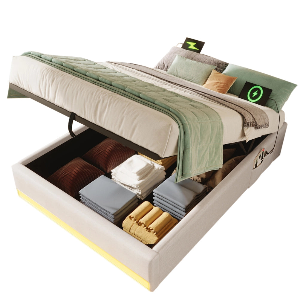 Letto imbottito 90x200 cm in lino con LED; porte USB e Type-C; contenitore idraulico; beige