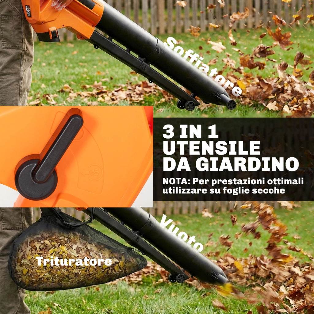 3-in-1 Soffiatore, Aspiratore, Trituratore per Foglie 3000W, Leggero