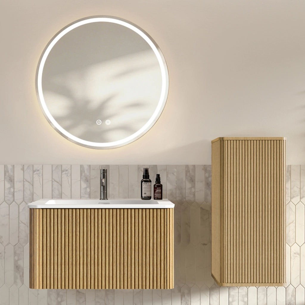 Set mobili bagno rovere in MDF; lavabo e specchio LED con luce regolabile