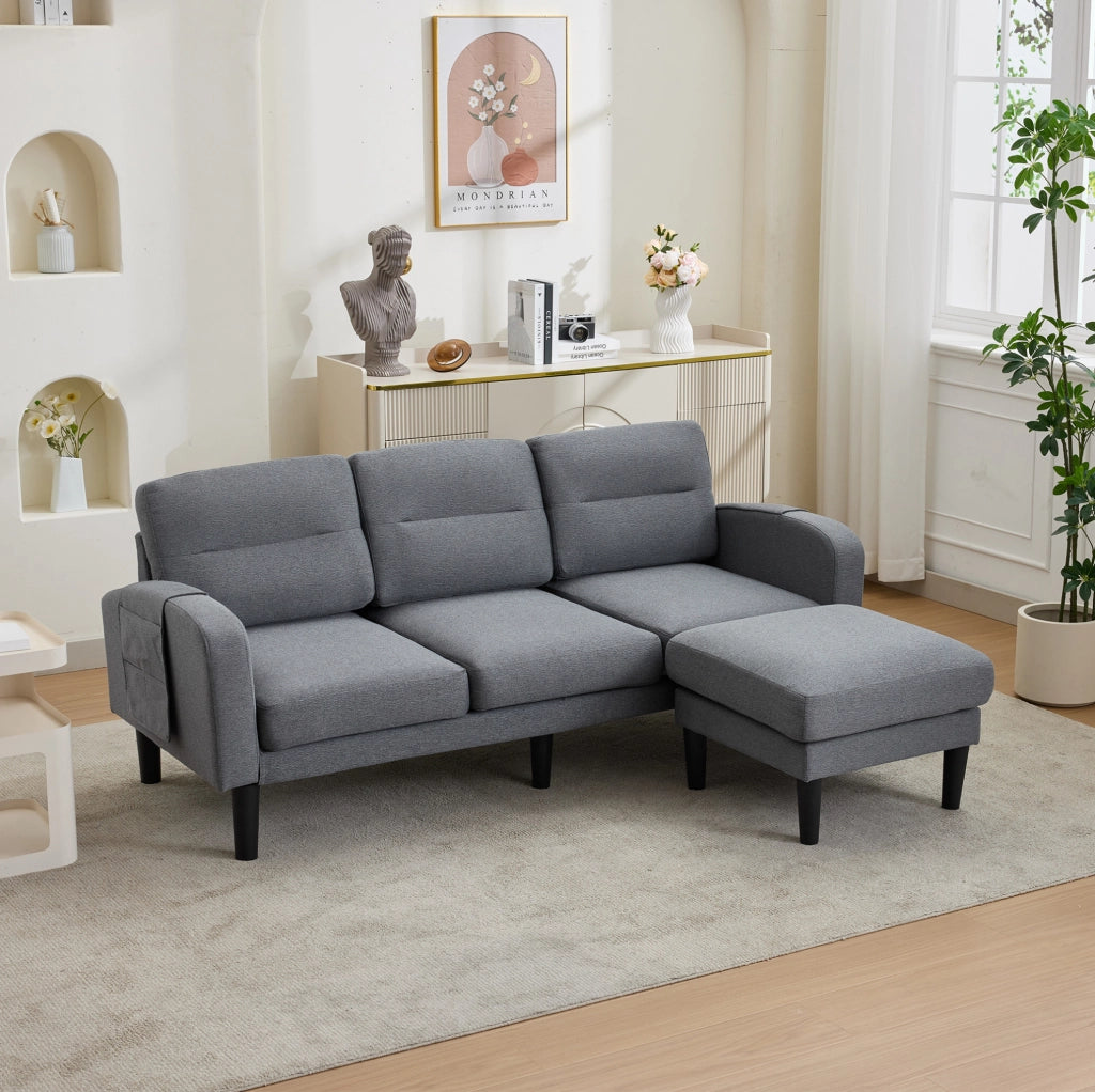 Divano angolare ULEVR 204x136x80 cm, 3 posti con chaise longue e tasche laterali, grigio