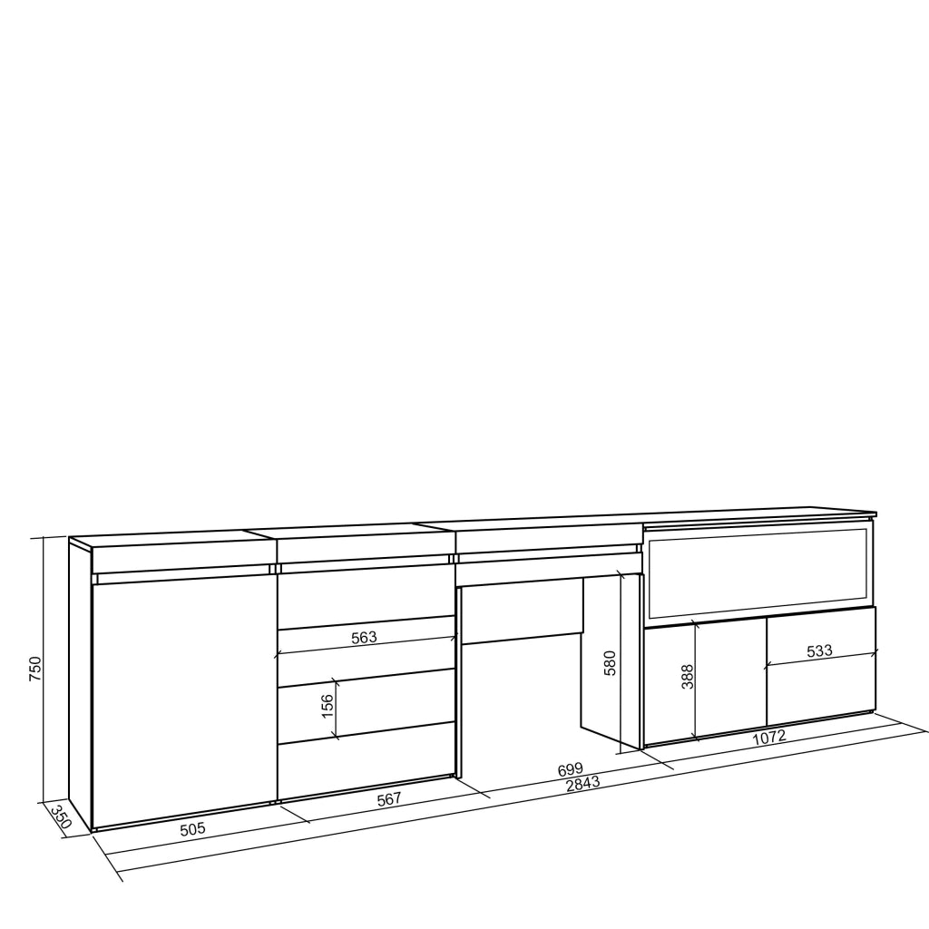 Tavolo da toeletta, 284x35x75cm, Con cassetto, Camino elettrico XXL, Cassettiera, Bianco RF3456