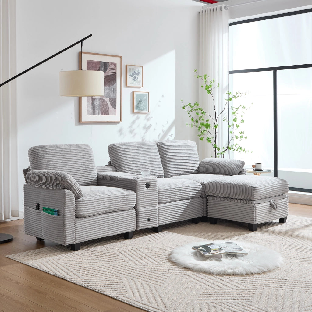 Divano ad angolo in cord con console scorrevole, porta USB-C, tasche laterali e pouf contenitore grigio chiaro