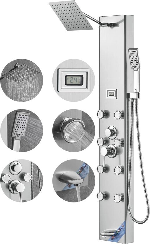 Sistema di doccia, 6 posizioni di doccia, torre di doccia con display digitale, pioggia, 8 raggi di massaggio, scarico di doccia, doccia a mano con 3 posizioni, tubo da 59 pollici, set di doccia in acciaio inox per montaggio a parete