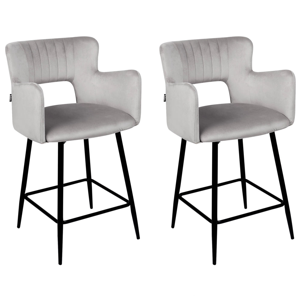 Set di 2 sgabelli da bar velluto grigio braccioli schienale intagliato gambe in metallo moderna industriale