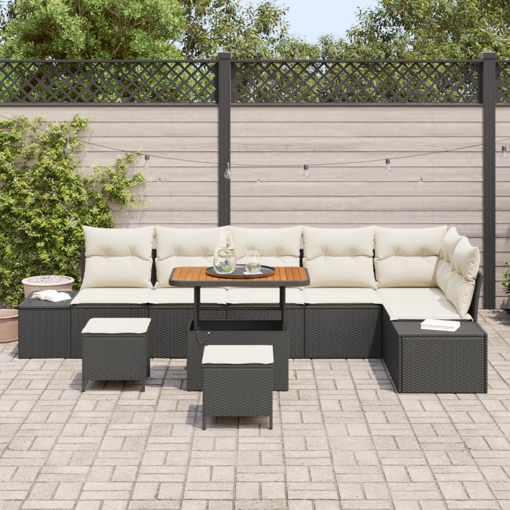 Set Divano da Giardino 9 Pezzi con Cuscini Polirattan Nero Acacia