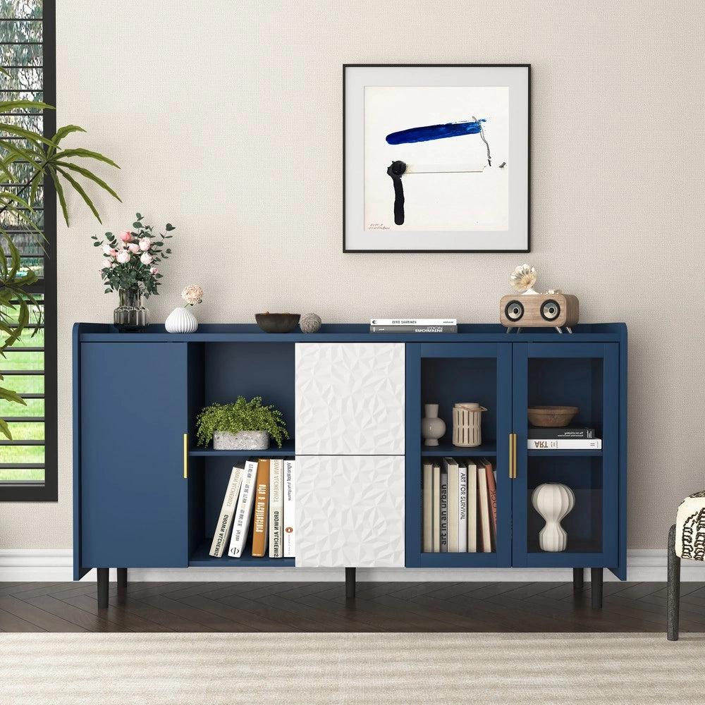 Credenza da Cucina con 2 Cassetti e 2 Ante in Vetro ¨C MINIMAL ¨C Legno Blu 55 Pollici