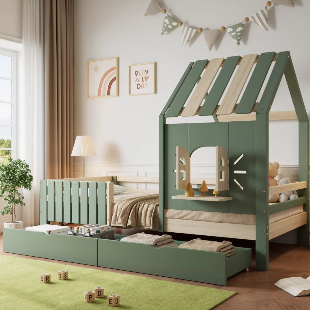 Letto a casetta per bambini verde naturale 90x200 cm