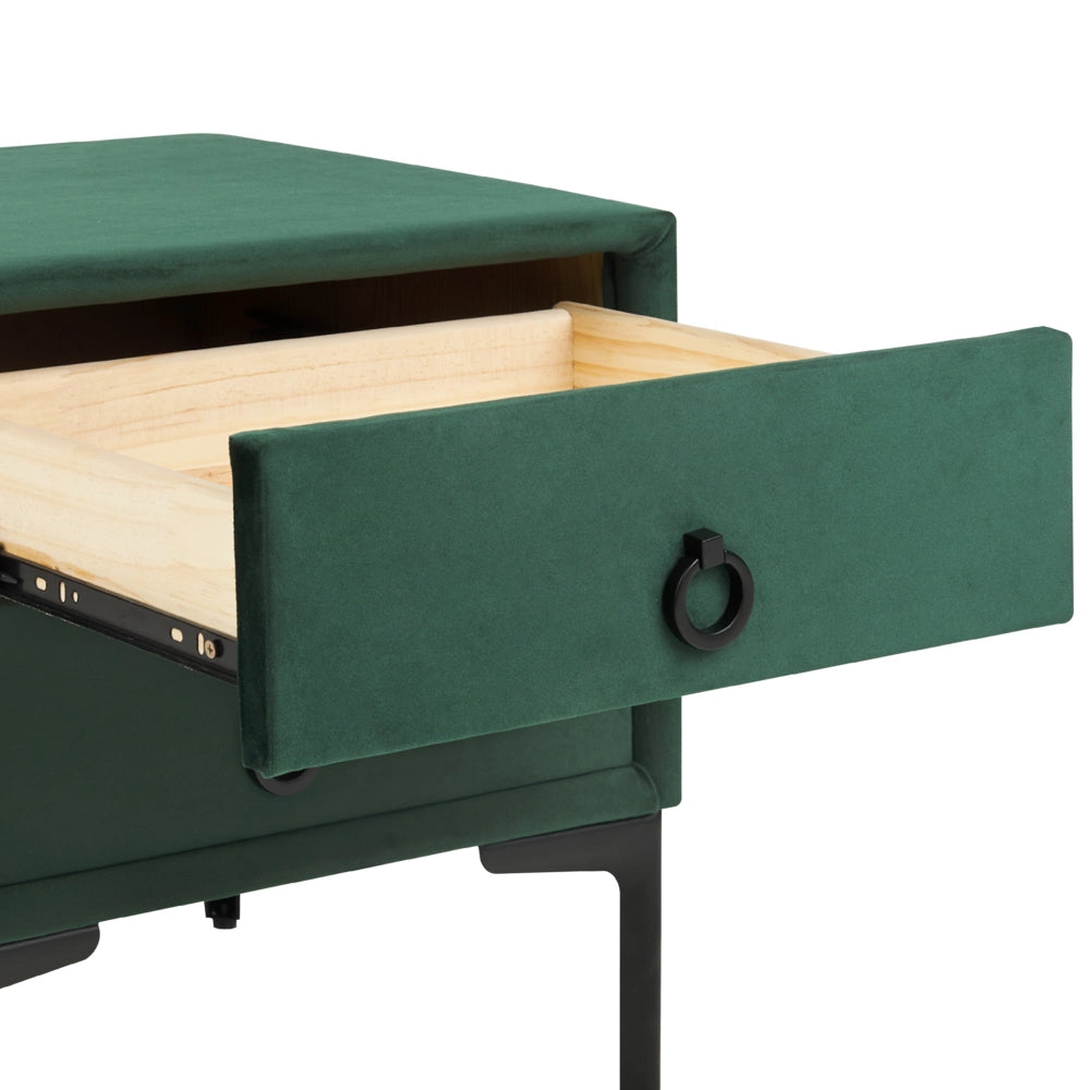 Comodino Velluto Verde Scuro Gambe in Metallo Nero con 2 Cassetti Contenitori 44x 38 cm Comodino