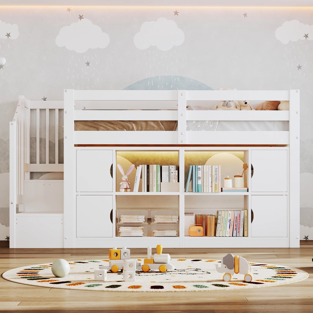 Letto a soppalco 90x200 cm con scala contenitore e LED in legno bianco