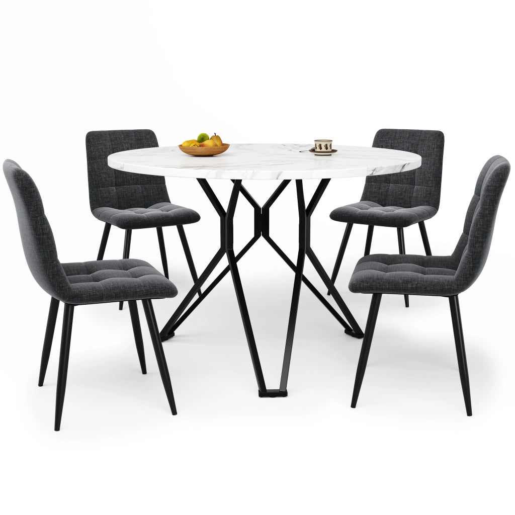 Tavolo da pranzo rotondo con 4 sedie, piano effetto marmo, struttura in metallo, per cucina e soggiorno, 100 × 76 cm