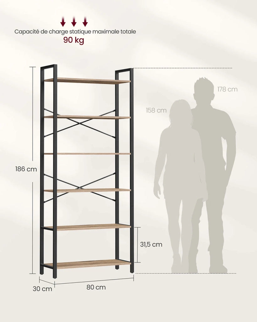 Libreria a 6 ripiani con struttura in acciaio per soggiorno ufficio ingresso stile industriale 80 x 30 x 186 cm marrone 12_0005453