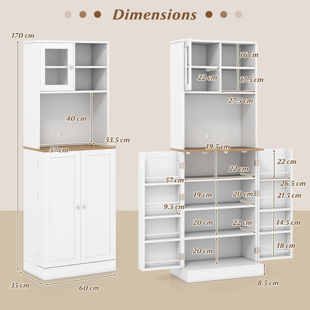 Armadietto da cucina da 170 cm, mobile ausiliario con 3 porte, 5 ripiani regolabili e scomparti sulla porta, kit antiribaltamento, armadio alto moderno per cucina, sala da pranzo, soggiorno