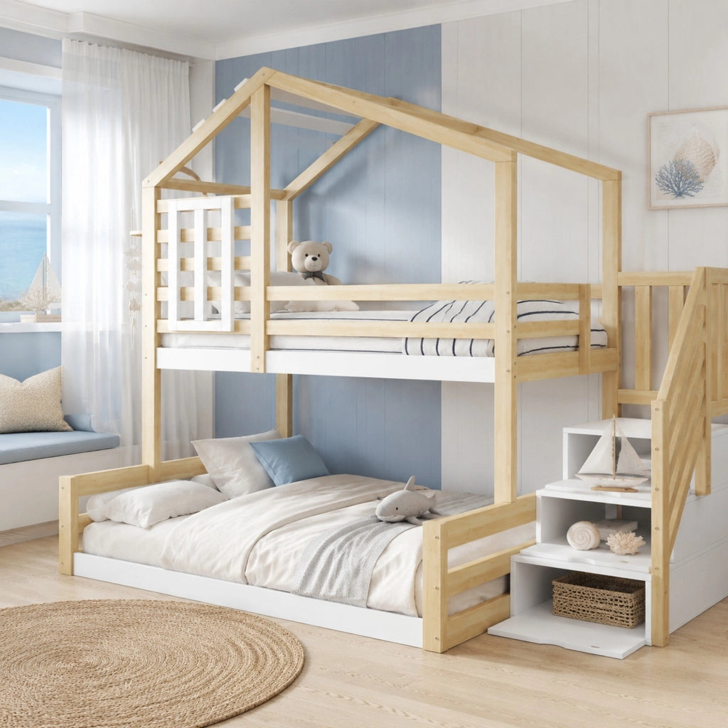 Letto a castello con scala contenitore e finestra 90x200/140x200 cm legno di pino e MDF naturale