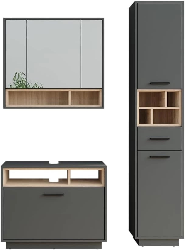 Set di mobili da bagno Beatrice, Grigio/antracite, 80 cm, composto da mobile sottolavabo, specchiera e colonna alta