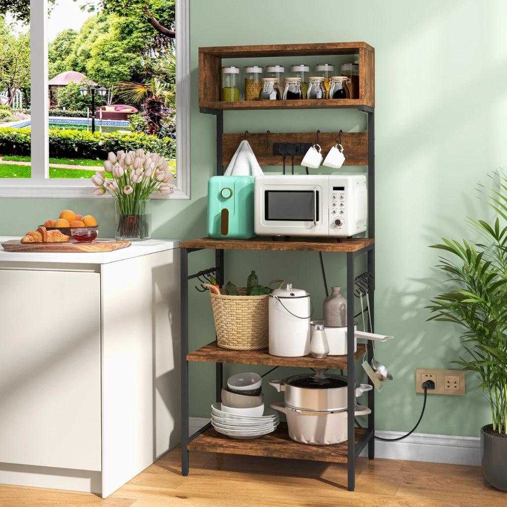 Mensola da cucina con presa elettrica ripiani aperti e 10 ganci appendiabiti-Supporto per microonde alto 153cm Marrone