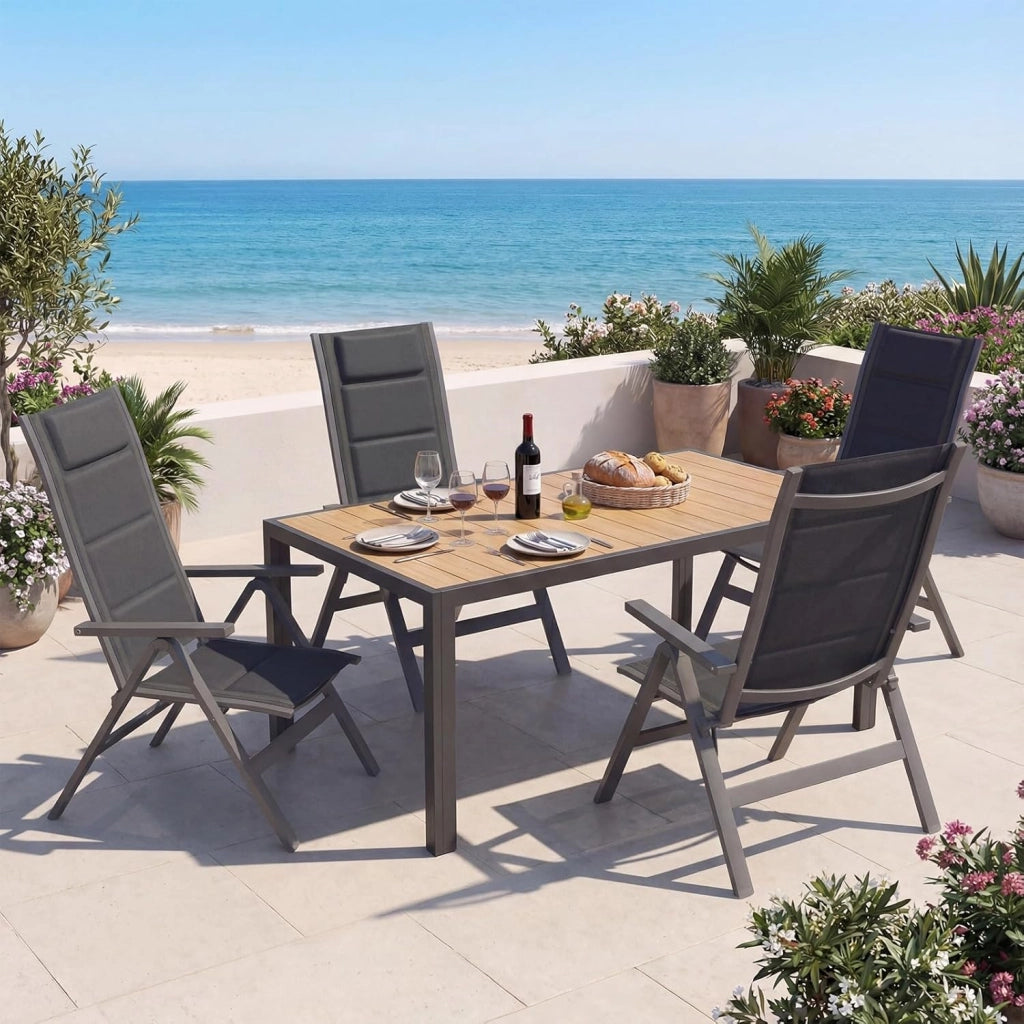 Set Tavolo e Sedie da Giardino 5 Pezzi, Composto da Tavolo 150 cm in Alluminio e 4 Sedie Pieghevoli, Tavolo da Giardino con Finitura a Vena di Legno con Sedie da Terrazza, Balcone, Naturale