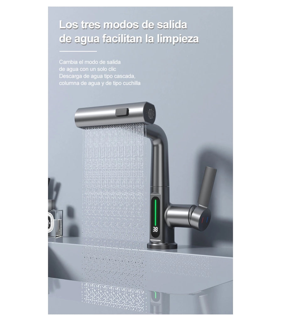 Rubinetto Lavandino Display LED Temperatura LH-189 | Lega | Estraibile 3 modi | Altezza regolabile per Lavare Testa