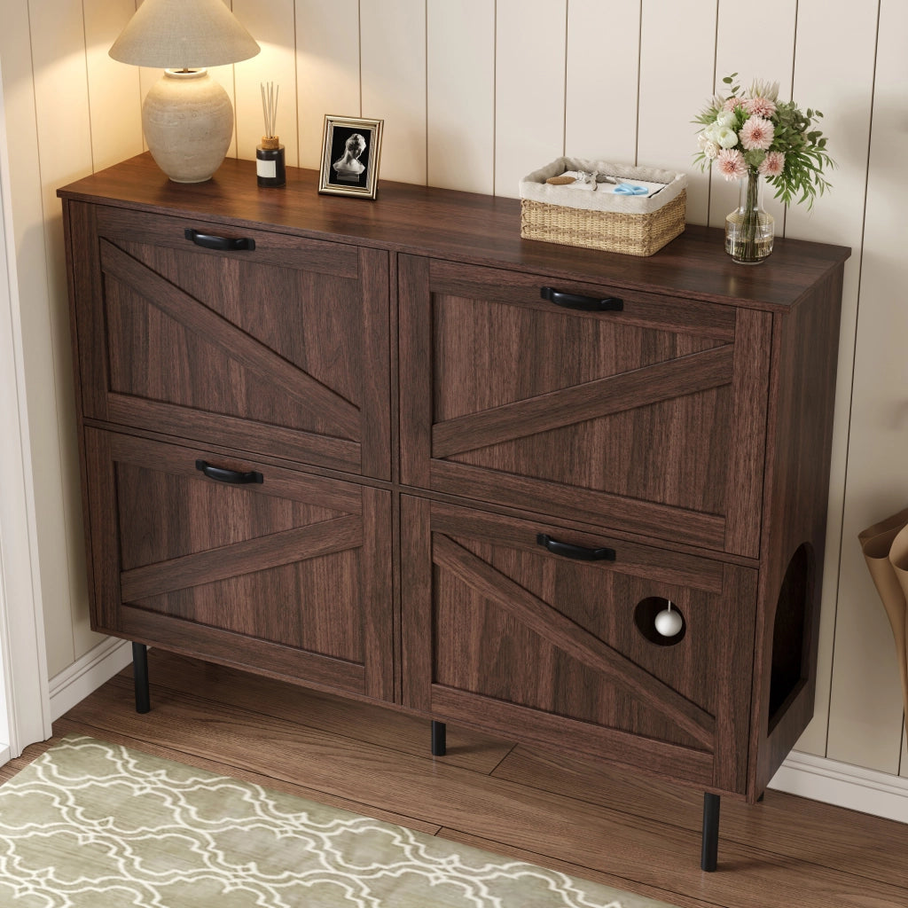 Scarpiera con 4 ante e 3 ribalte con gioco per gatti in truciolare natural walnut 120 × 28 × 92 cm