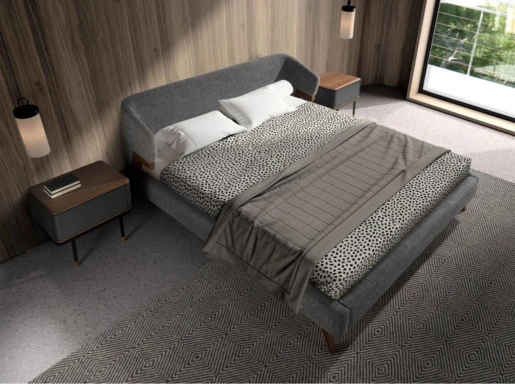 Comodino in legno grigio scuro opaco, acciaio nero e piano in noce