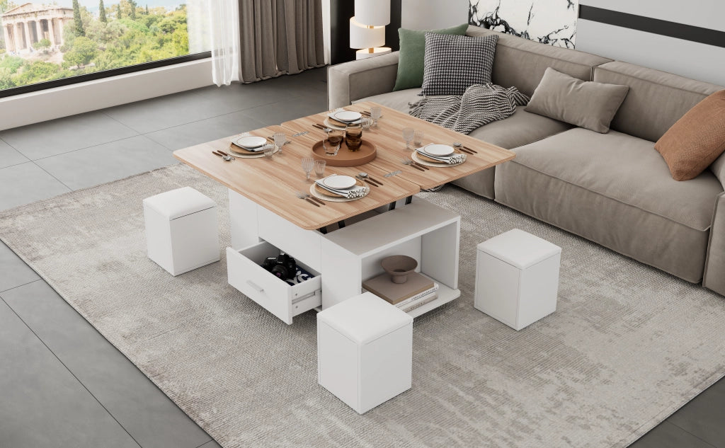 TAVOLO da caffè sollevabile 100x50 cm Bianco e effetto legno con 4 sgabelli