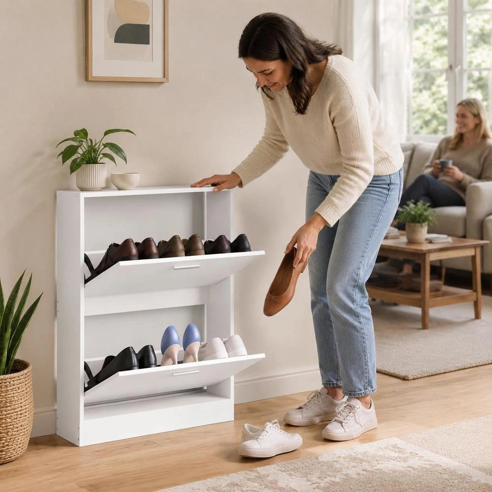 Shoe Cabinet, White, 59 X 17 X 81 Cm, Wood-based Material