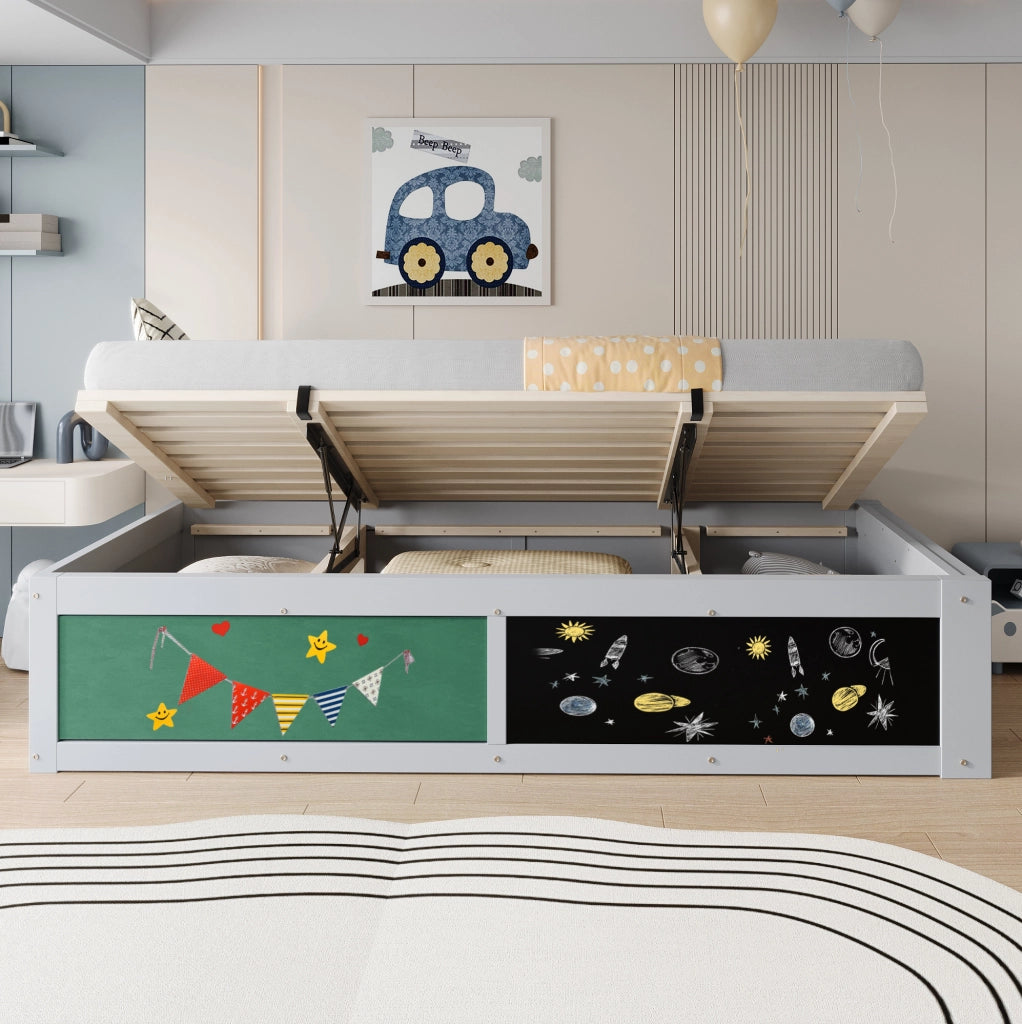 Letto per bambini 90x200 cm con contenitore idraulico; lavagna e spazio libri in legno grigio