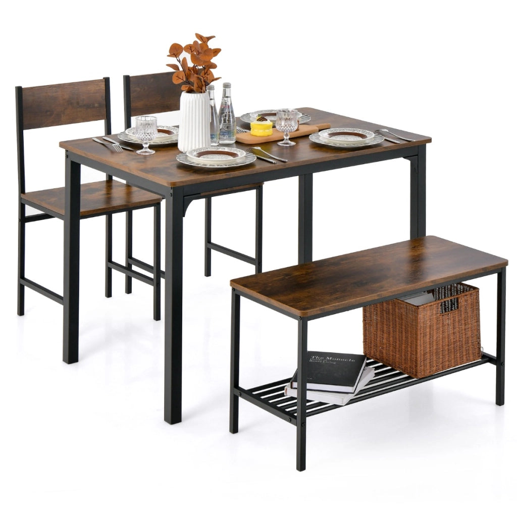 Set tavolo e sedie da cucina 4 pezzi-Tavolo da pranzo con 2 sedie e 1 panca telaio e ripiano metallici Marrone