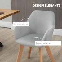 Set 2 Sedie per Sala da Pranzo Imbottite in Velluto con Braccioli e Gambe in Legno, Grigio
