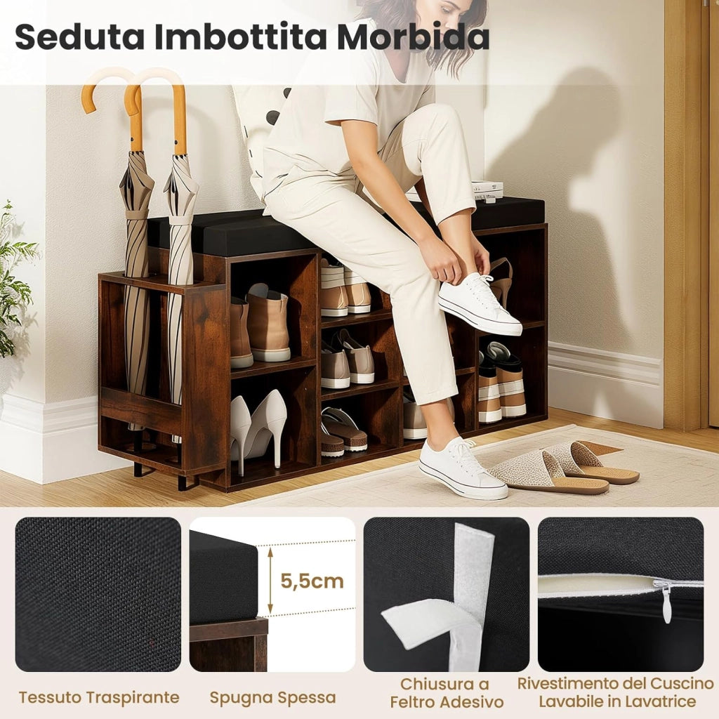 Panca Porta Scarpe con Portaombrelli, Scarpiera da Ingresso a 10 Scomparti con Seduta Imbottita, Ripiani Regolabili e Removibili per Corridoio, Soggiorno e Camera da Letto (Marrone)