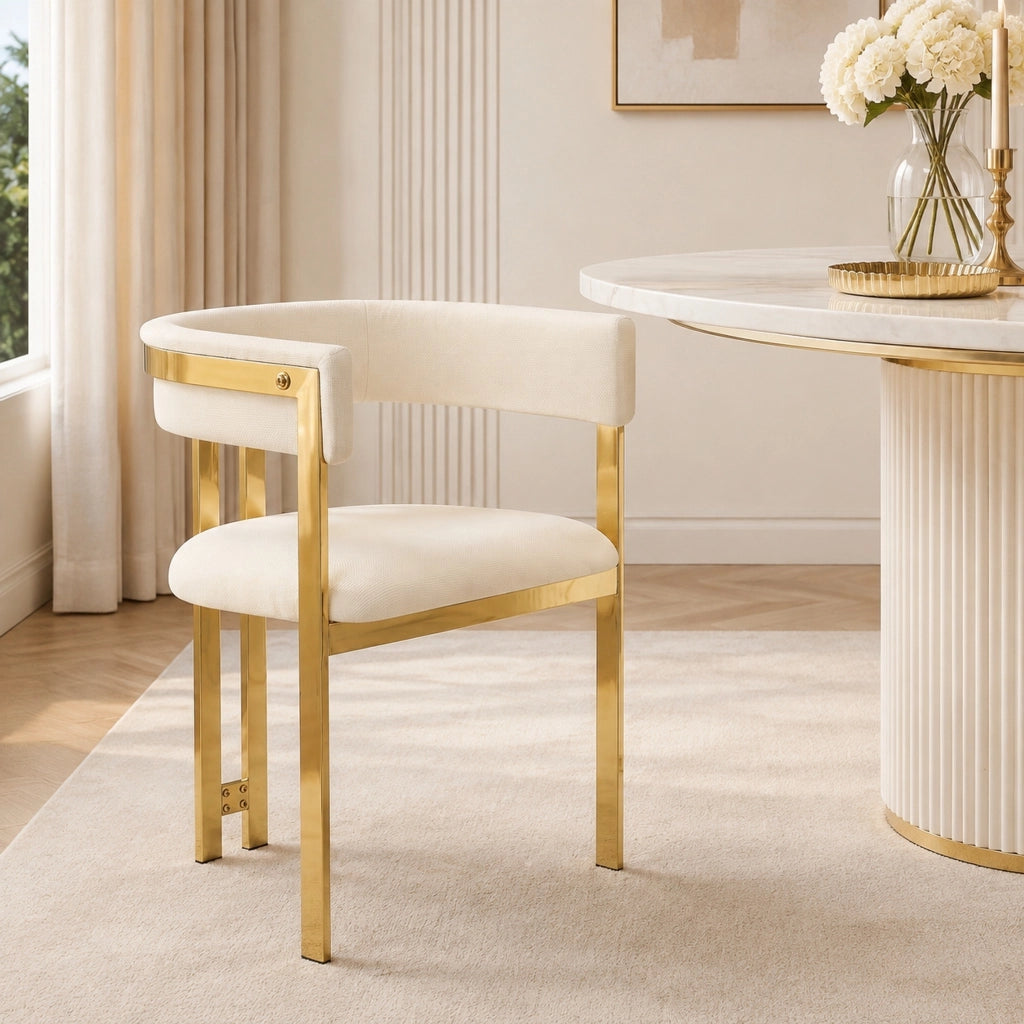 Set di 6 sedie 60.0x50.0x76.0 cm con schienale semicircolare in chenille beige e oro