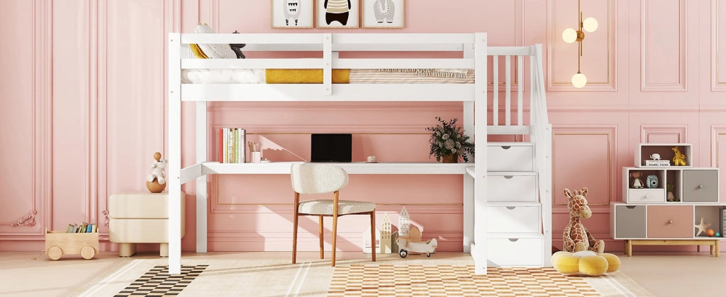 DESMIU Letto a soppalco matrimoniale con scrivania, contenitori e scala con cassetti 140 × 200 cm, senza materasso, Bianco