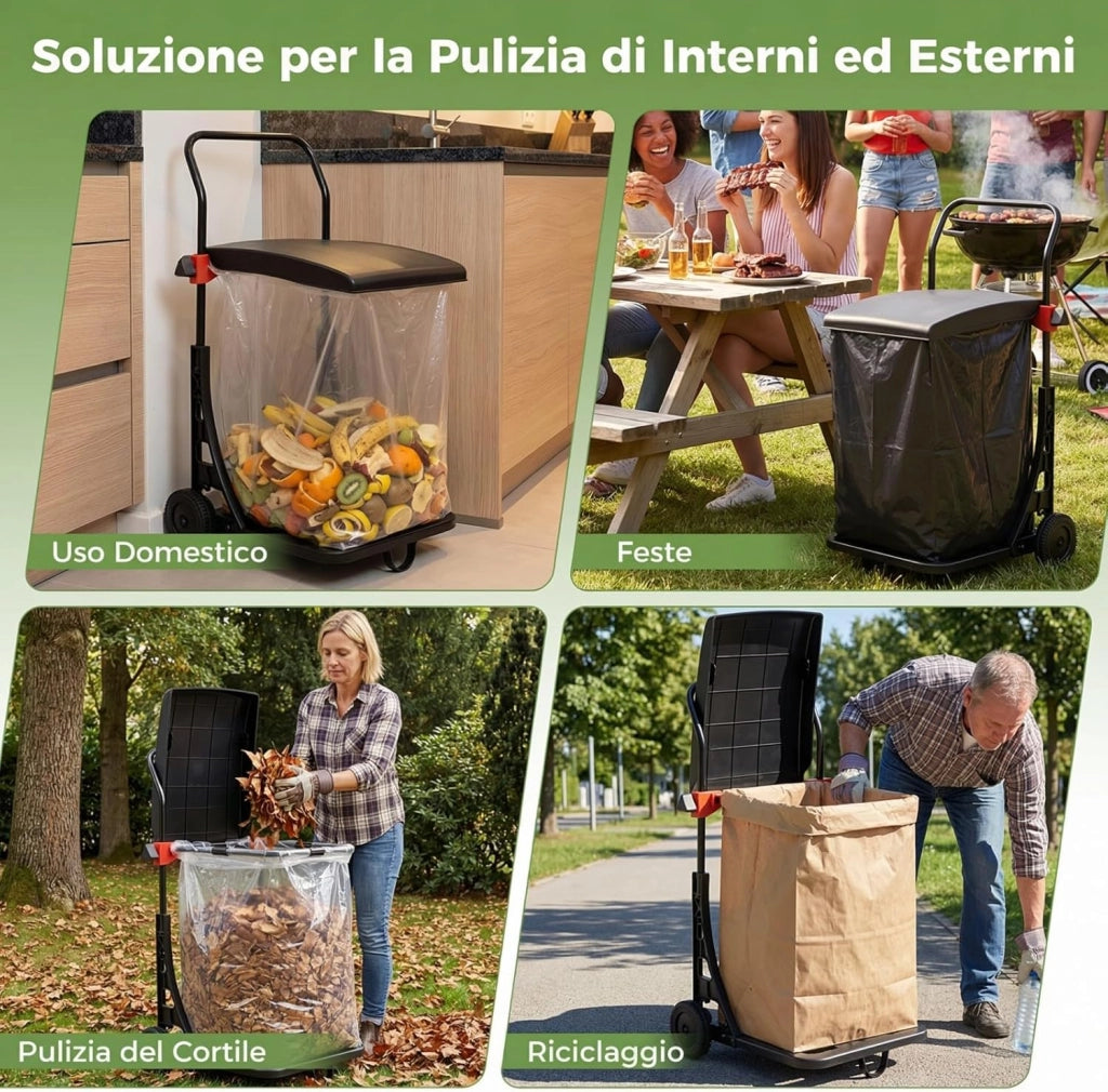 Carrello Portasacco Immondizia da Giardino, Supporto Porta Sacchi di Diverse Dimensioni, con Ruote, Coperchio e Altezza Regolabile, Carriola per Foglie, Rifiuti, Raccolta Differenziata