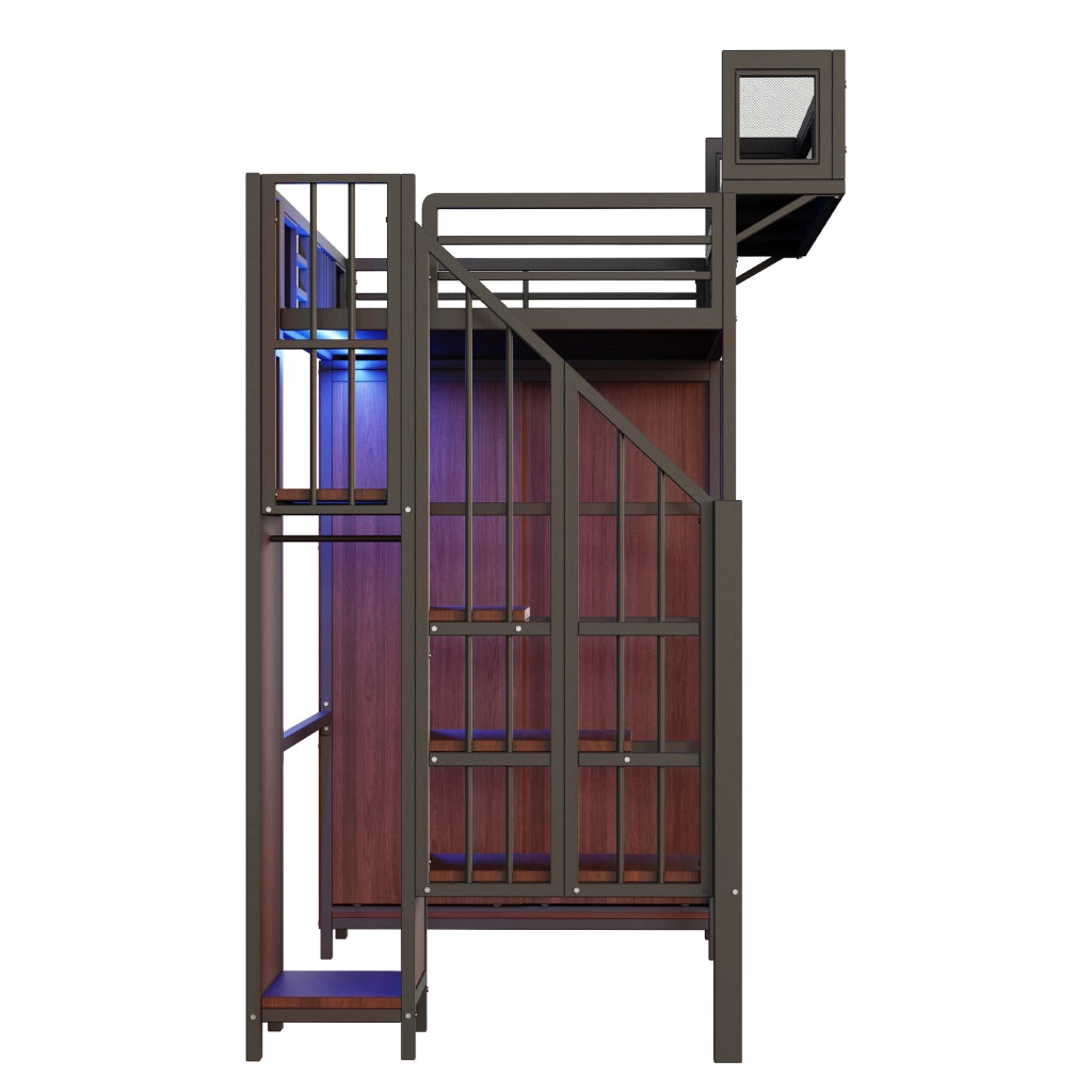 Letto a soppalco in metallo 90 x 200 cm con armadio, scala di sicurezza, LED e vani contenitivi, nero