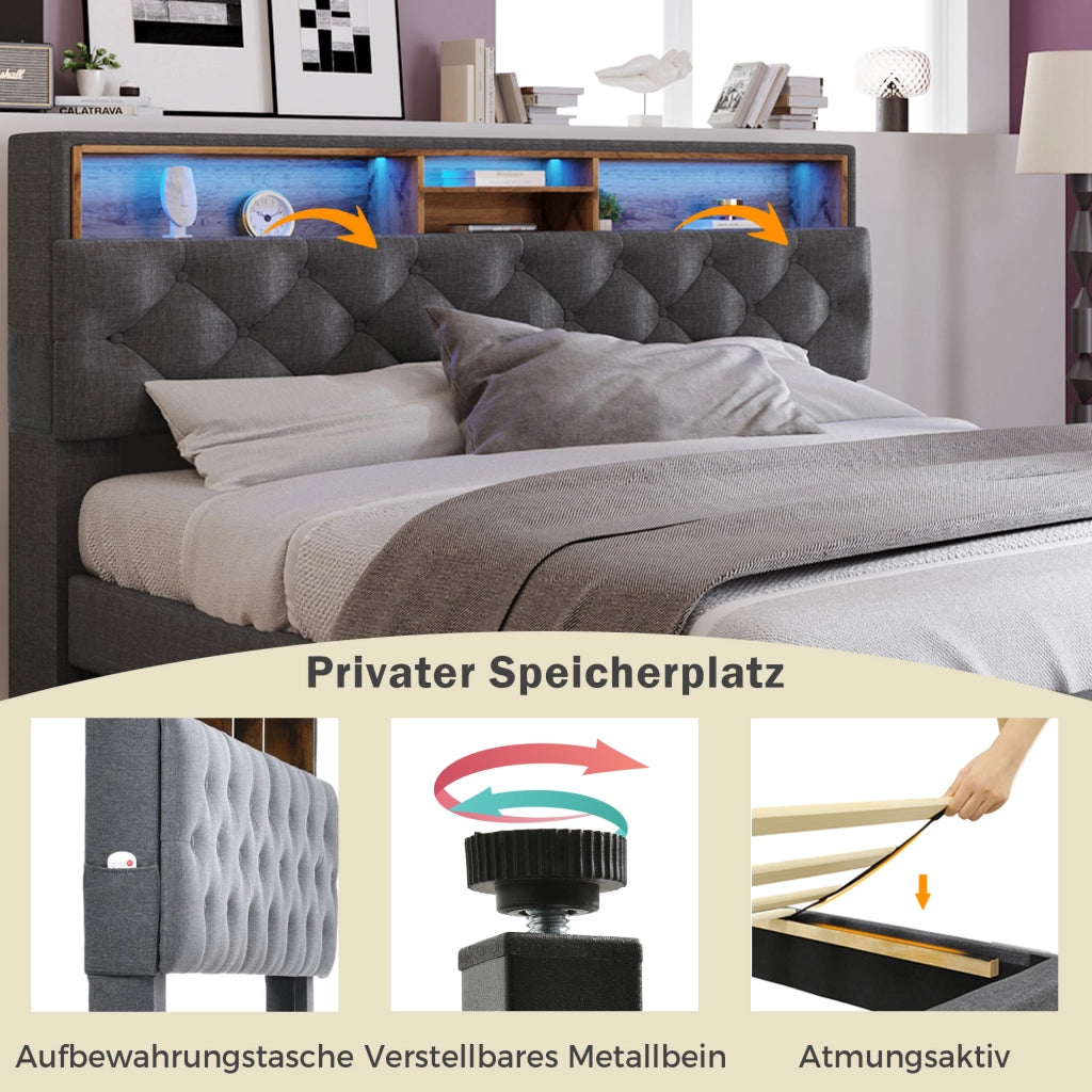 DESMIU Letto contenitore 140 × 200 cm 2 posti con LED, testiera con contenitore e materasso incluso, grigio