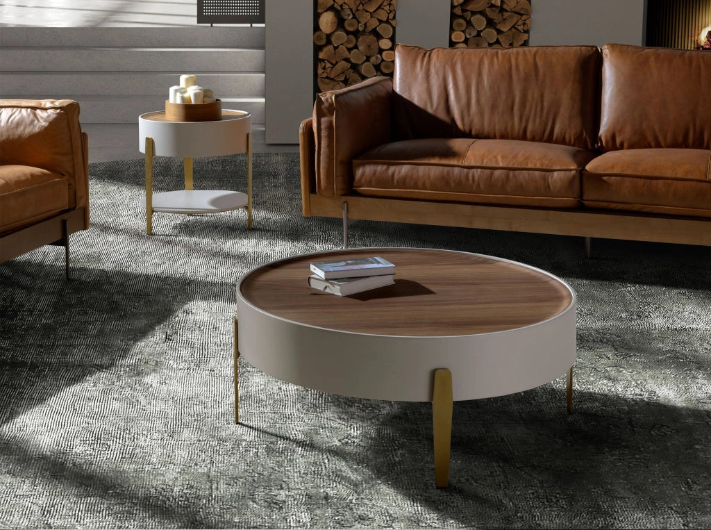Tavolo angolare rotondo in noce, legno beige e acciaio lucido placcato oro